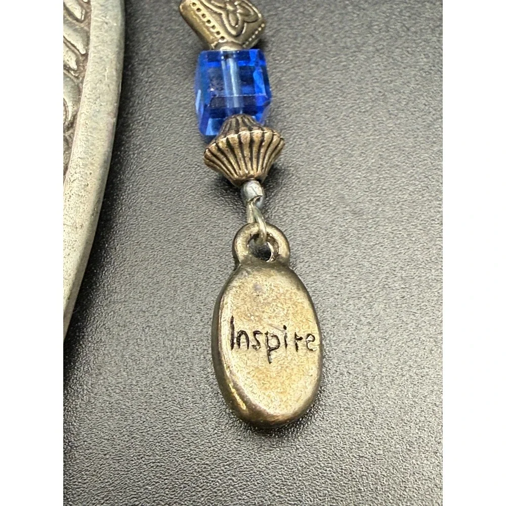 Silver Tone Celtic Scroll Shepherd Hook Bookmark Blue Glass Bead Inspire Charm